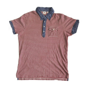 Áo Thun Cổ Bẻ Sọc Đỏ Phối Cổ Denim